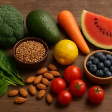 Régime pH Miracle: Assortiment de légumes, fruits, graines et oléagineux sur fond bois naturel.