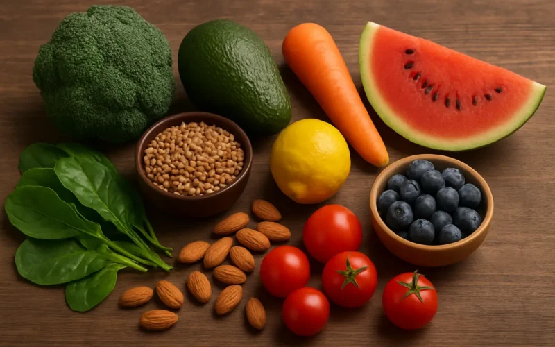 Régime pH Miracle: Assortiment de légumes, fruits, graines et oléagineux sur fond bois naturel.