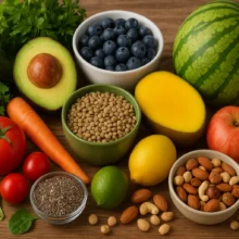 Alimentation alcalinisante : Fruits, légumes, légumineuses et oléagineux frais disposés sur une table en bois.