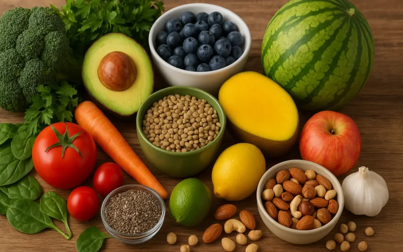 Alimentation alcalinisante : Fruits, légumes, légumineuses et oléagineux frais disposés sur une table en bois.