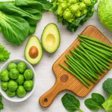 Assortiment de légumes verts alcalinisants avec avocat, haricots verts, brocoli, céleri et choux, disposés sur une table pour illustrer l’équilibre pH corps.