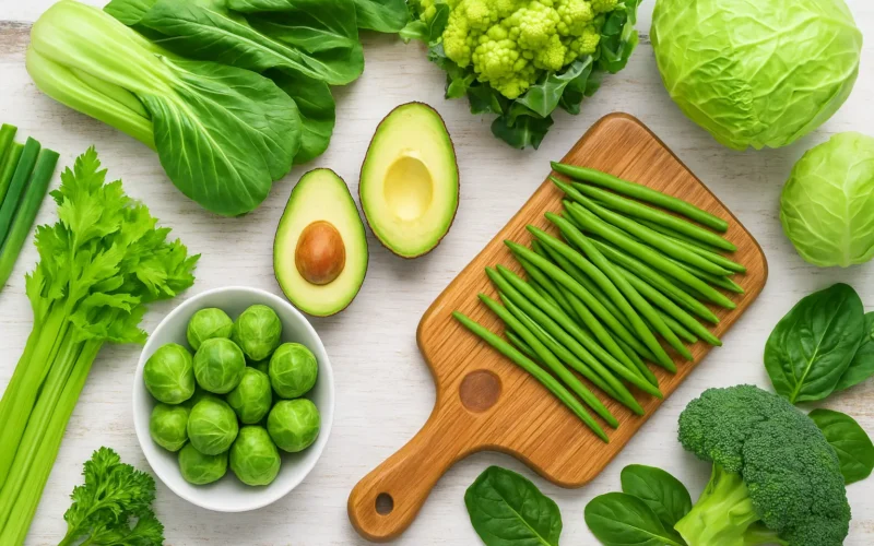 Assortiment de légumes verts alcalinisants avec avocat, haricots verts, brocoli, céleri et choux, disposés sur une table pour illustrer l’équilibre pH corps.
