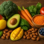 Ingrédients frais pour recettes alcalinisantes: Avocat, pastèque, brocoli, mangue, carottes, lentilles, épinards et myrtilles frais sur une table en bois