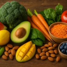 Ingrédients frais pour recettes alcalinisantes: Avocat, pastèque, brocoli, mangue, carottes, lentilles, épinards et myrtilles frais sur une table en bois