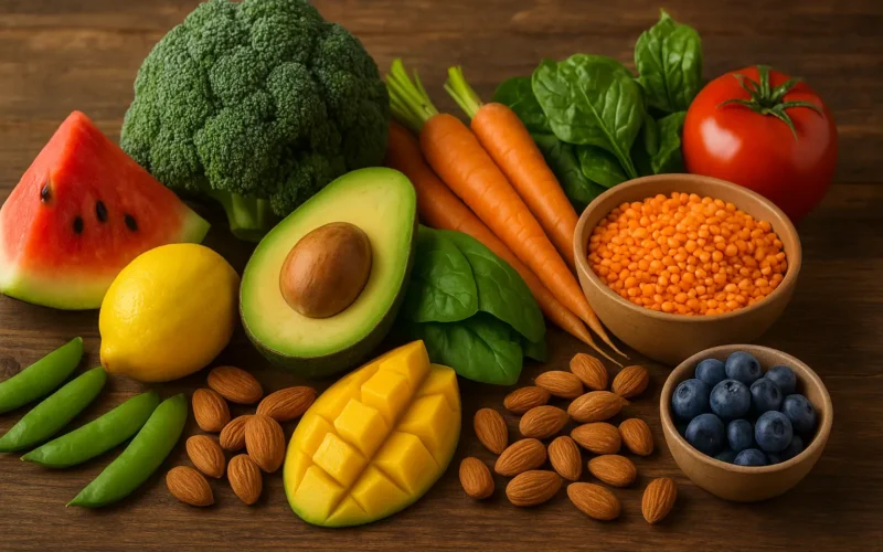 Ingrédients frais pour recettes alcalinisantes: Avocat, pastèque, brocoli, mangue, carottes, lentilles, épinards et myrtilles frais sur une table en bois