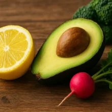 pH corporel: Demi-citron, avocat ouvert et radis frais sur fond de bois rustique.