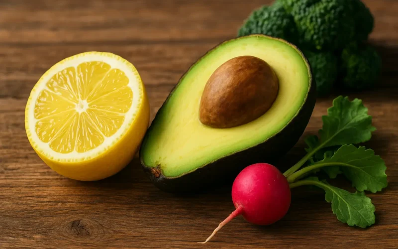 pH corporel: Demi-citron, avocat ouvert et radis frais sur fond de bois rustique.