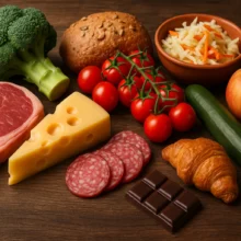 Acidité alimentaire: Assortiment d’aliments acidifiants incluant viande crue, fromage, charcuterie, légumes, viennoiserie et chocolat sur fond en bois.