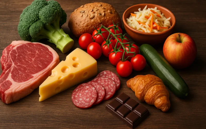 Acidité alimentaire: Assortiment d’aliments acidifiants incluant viande crue, fromage, charcuterie, légumes, viennoiserie et chocolat sur fond en bois.