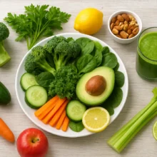 Assiette garnie d’aliments alcalinisants comme avocat, brocoli, épinards, citron et smoothie vert – idéale pour illustrer le régime alcalin