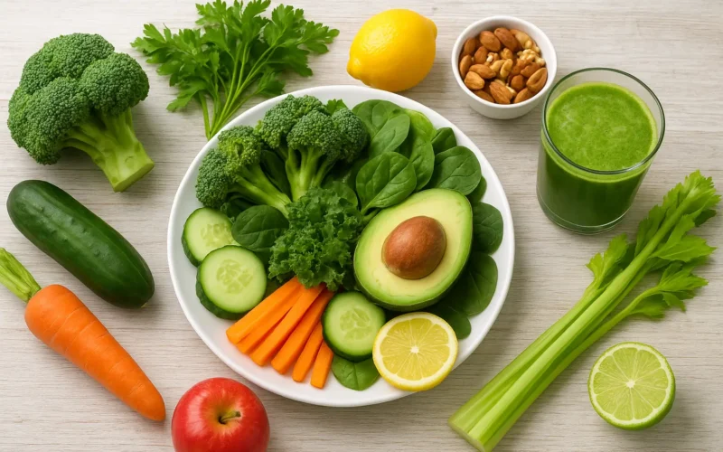 Assiette garnie d’aliments alcalinisants comme avocat, brocoli, épinards, citron et smoothie vert – idéale pour illustrer le régime alcalin