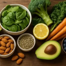 Alimentation anti-acide: Sélection de fruits, légumes verts, graines et oléagineux frais sur une table en bois.