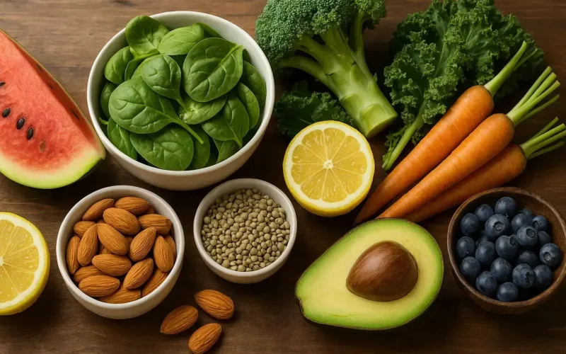 Alimentation anti-acide: Sélection de fruits, légumes verts, graines et oléagineux frais sur une table en bois.