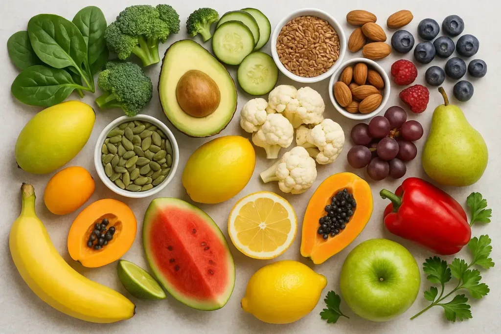 liste aliments alcalins: Fruits, légumes, noix et graines alcalins disposés harmonieusement sur une table claire.