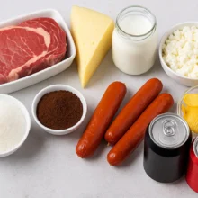 Assortiment d’aliments acidifiants à éviter comme viande rouge, fromage, sodas, sucre raffiné et charcuterie