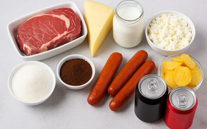 Assortiment d’aliments acidifiants à éviter comme viande rouge, fromage, sodas, sucre raffiné et charcuterie