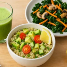 Nourriture alcaline: Assiette composée d’un smoothie vert, d’une salade de quinoa avocat et d’une poêlée de légumes, représentant un repas alcalin frais et coloré.