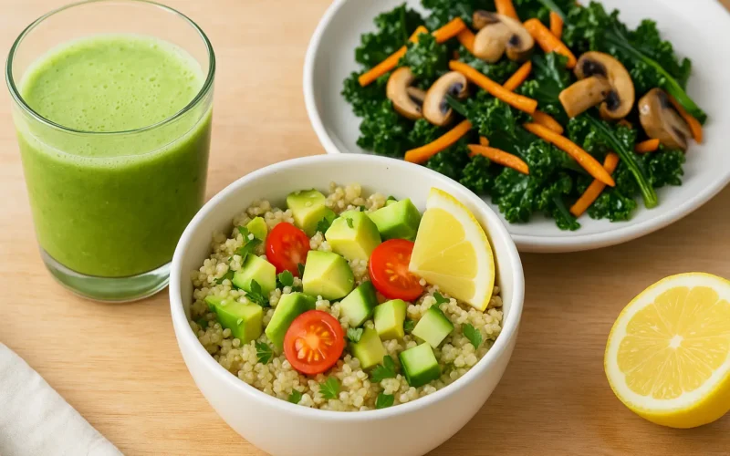 Nourriture alcaline: Assiette composée d’un smoothie vert, d’une salade de quinoa avocat et d’une poêlée de légumes, représentant un repas alcalin frais et coloré.