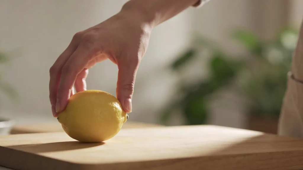 main posant un citron frais sur une planche en bois dans une cuisine naturelle lumineuse — citron alcalin anti-ballonnements