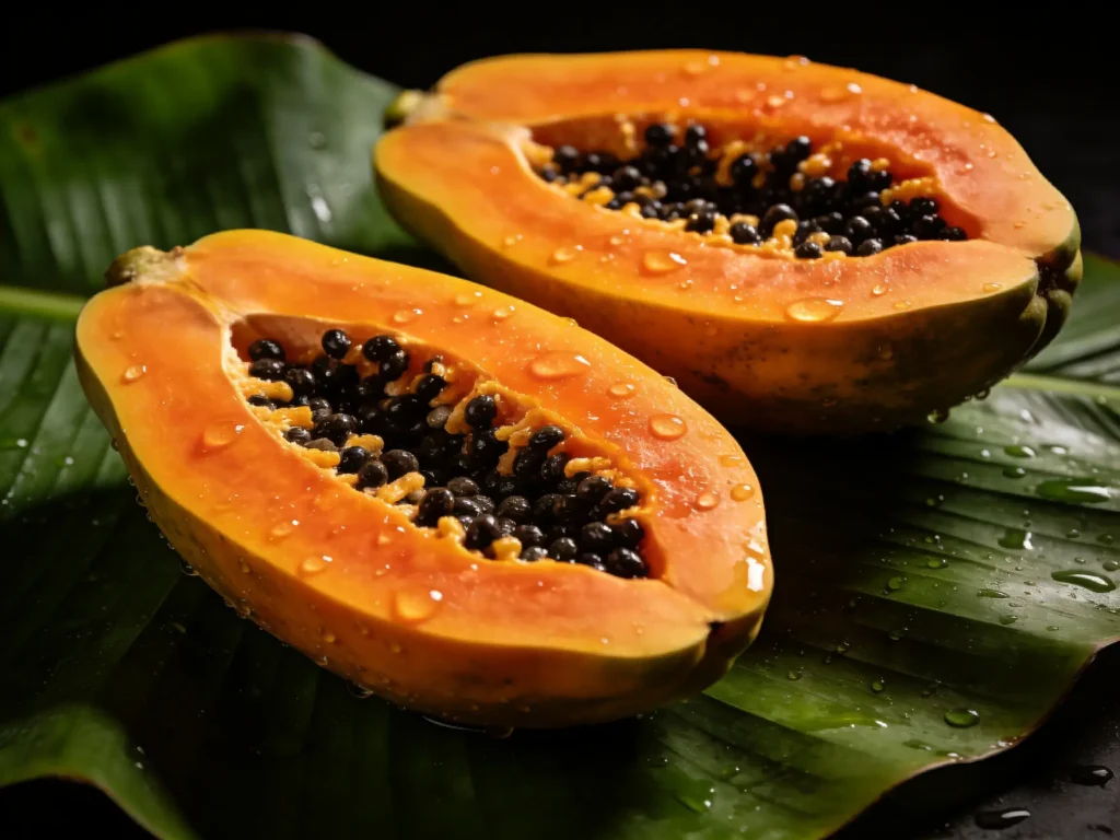 deux moitiés de papaye mûre à chair orange vif avec graines noires posées sur une feuille de bananier verte — papaïne enzyme anti-ballonnements alimentation alcaline
