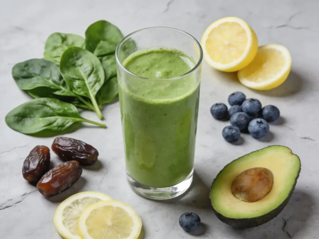 smoothie vert alcalin dans un verre entouré de ses ingrédients : épinards frais, avocat coupé, citron, myrtilles et dattes Medjool sur marbre gris — recette anti-ballonnements alimentation alcaline