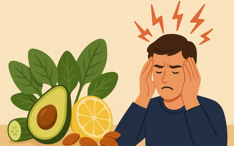 Alimentation alcaline et stress: Femme détendue entourée de fruits et légumes alcalins symbolisant le bien-être et la sérénité