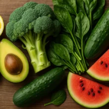 Assortiment réaliste de fruits et légumes alcalins frais sur une table en bois claire