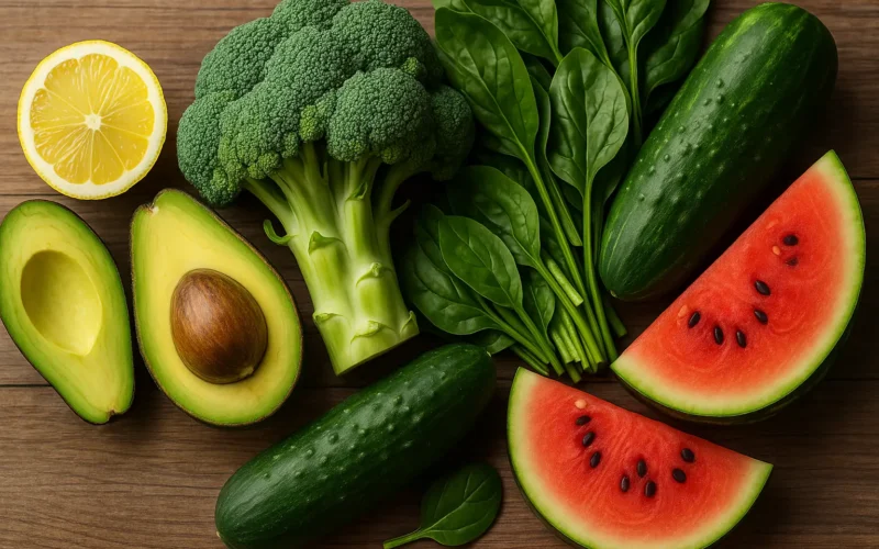 Assortiment réaliste de fruits et légumes alcalins frais sur une table en bois claire