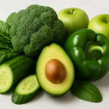 Meilleurs aliments alcalins: Image ultra-réaliste montrant des aliments alcalins frais et verts : avocat ouvert, brocoli, concombre tranché, épinards, poivron vert et pommes.