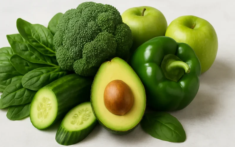 Meilleurs aliments alcalins: Image ultra-réaliste montrant des aliments alcalins frais et verts : avocat ouvert, brocoli, concombre tranché, épinards, poivron vert et pommes.