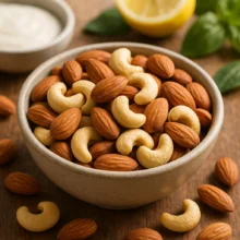 Noix de cajou et amandes: Bol en céramique rempli de noix de cajou et amandes posé sur une table en bois, avec citron et feuilles de basilic en arrière-plan.