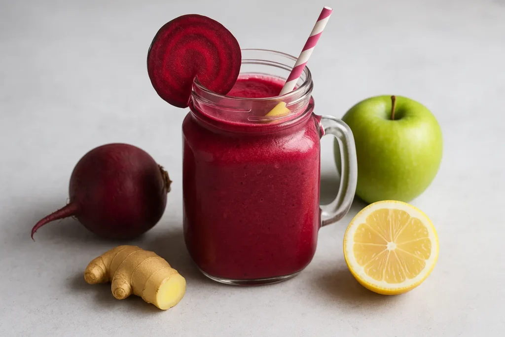 Recettes betterave: Verre mason rempli d’un smoothie rose foncé à la betterave, garni d’une tranche de betterave crue, avec une paille rayée, entouré de gingembre, pomme verte, citron et betterave entière.