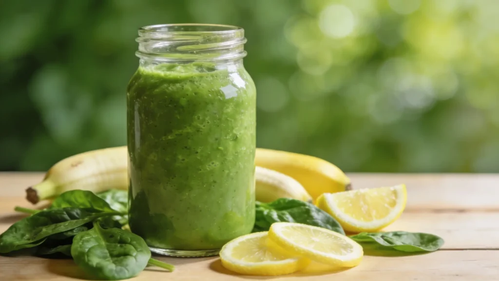 Flat lay d'aliments alcalins : épinards, avocat, citron, concombre, amandes, graines de chia et smoothie vert sur marbre blanc