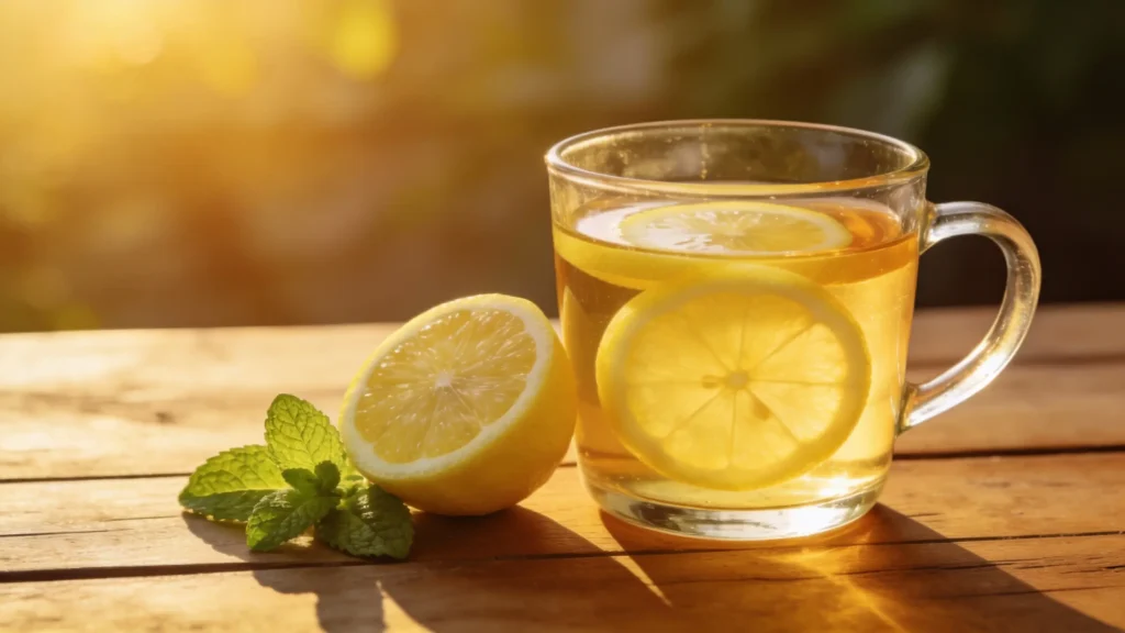 Verre d'eau citronnée tiède avec tranches de citron et feuilles de menthe sur table en bois, lumière dorée du matin