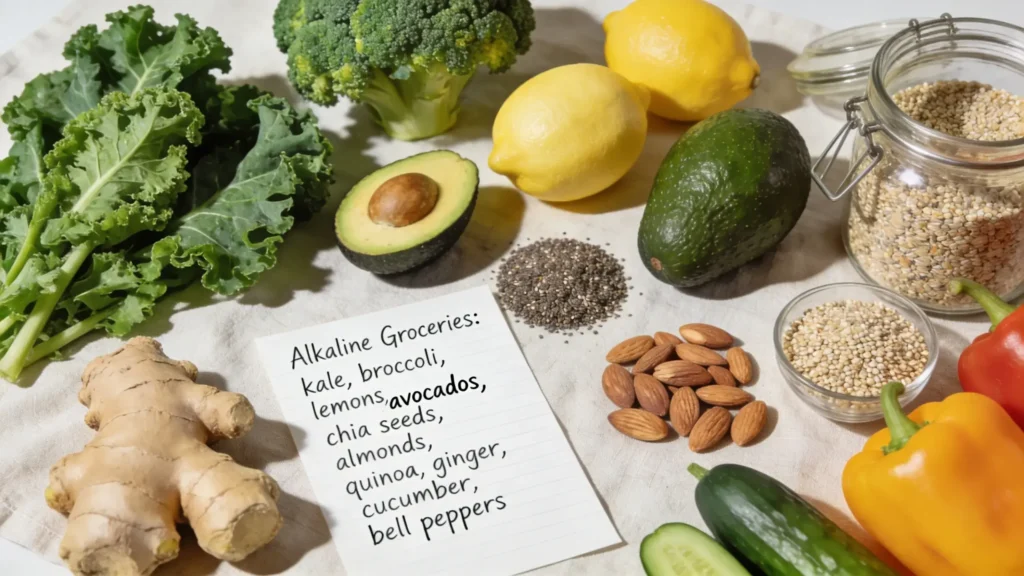 Courses alcalines disposées sur tissu beige : kale, brocoli, citrons, avocats, amandes, graines de chia, quinoa, gingembre et poivrons colorés avec liste manuscrite