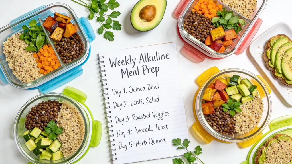 Préparation de repas alcalins pour la semaine : bocaux en verre avec quinoa, lentilles, légumes rôtis et avocat, avec carnet "Weekly Alkaline Meal Prep