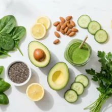 Flat lay d'aliments alcalins : épinards, avocat, citron, concombre, amandes, graines de chia et smoothie vert sur marbre blanc