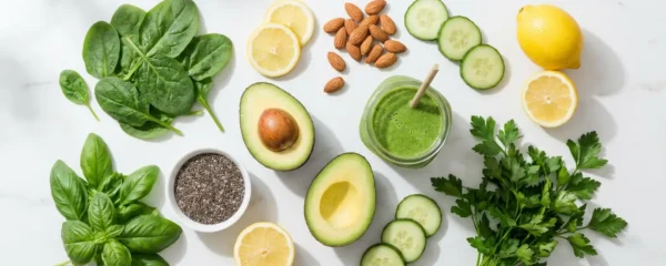 Flat lay d'aliments alcalins : épinards, avocat, citron, concombre, amandes, graines de chia et smoothie vert sur marbre blanc