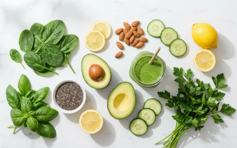 Flat lay d'aliments alcalins : épinards, avocat, citron, concombre, amandes, graines de chia et smoothie vert sur marbre blanc