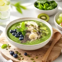 Bol smoothie vert pour petit-déjeuner alcalin garni de myrtilles, banane, kiwi, graines de chia et menthe fraîche, entouré de fruits et d'avocat sur plateau en bois