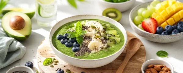 Petit-déjeuner Alcalin : 5 Idées de Recettes simples et Aliments clés 20 Bol smoothie vert pour petit-déjeuner alcalin garni de myrtilles, banane, kiwi, graines de chia et menthe fraîche, entouré de fruits et d'avocat sur plateau en bois