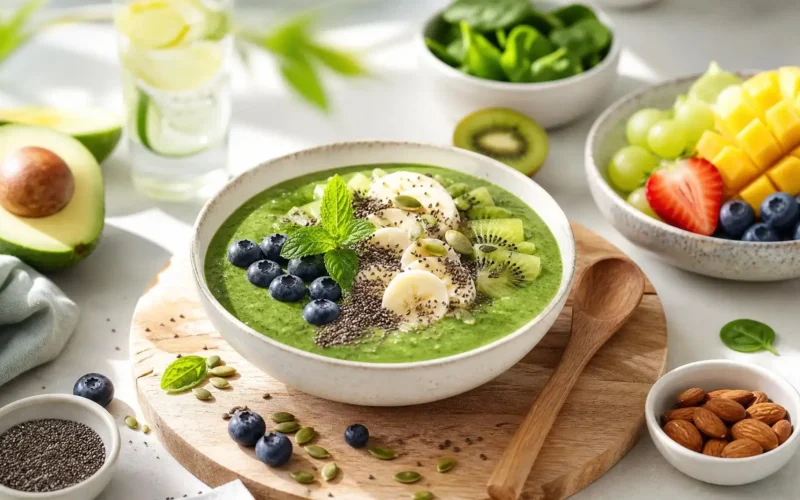 Petit-déjeuner Alcalin : 5 Idées de Recettes simples et Aliments clés 1 Bol smoothie vert pour petit-déjeuner alcalin garni de myrtilles, banane, kiwi, graines de chia et menthe fraîche, entouré de fruits et d'avocat sur plateau en bois