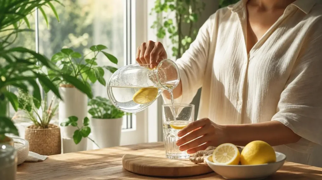 Petit-déjeuner Alcalin : 5 Idées de Recettes simples et Aliments clés 4 Femme versant de l'eau citronnée d'une carafe dans un verre le matin dans une cuisine lumineuse avec des plantes vertes, geste rituel du petit déjeuner-alcalin