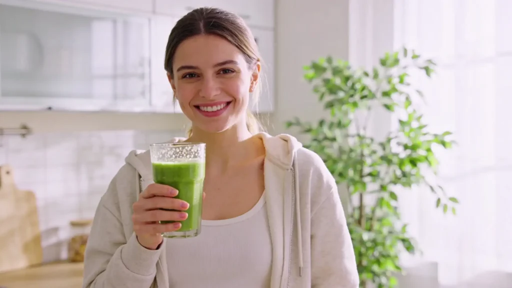 Jeune femme souriante tenant un grand verre de smoothie alcalin vert dans une cuisine blanche lumineuse avec plante verte en arrière-plan, tenue décontractée beige