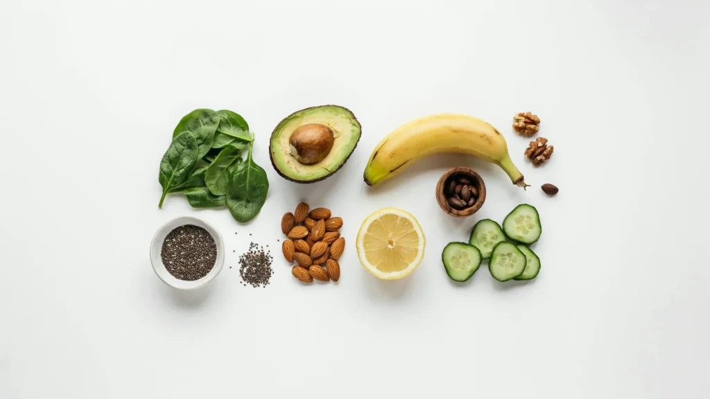 Petit-déjeuner Alcalin : 5 Idées de Recettes simples et Aliments clés 2 Ingrédients pour un petit déjeuner alcalin disposés sur fond blanc : feuilles d'épinards, demi-avocat, banane, citron coupé, amandes, graines de chia, noix et rondelles de concombre