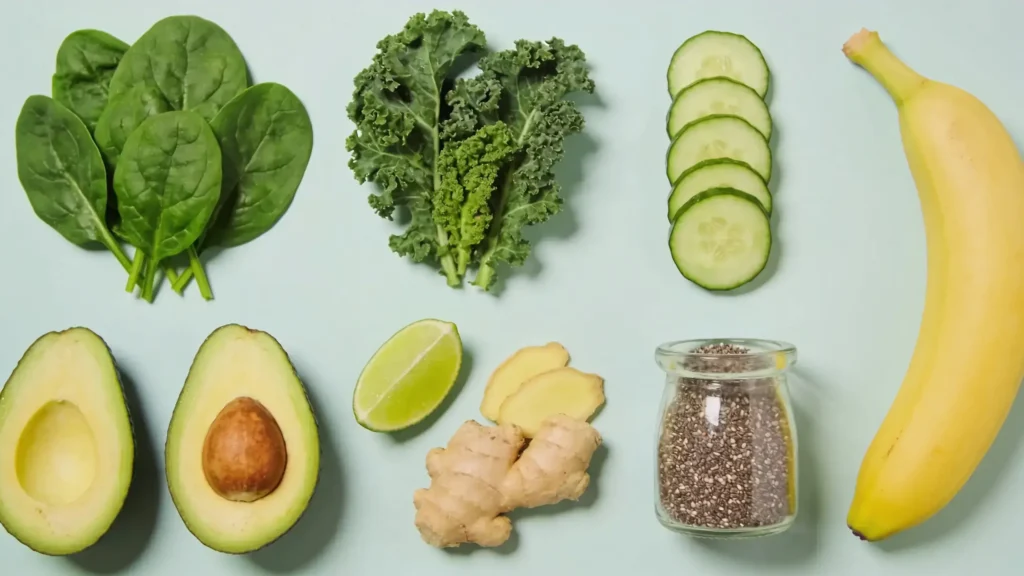 Vue de dessus des ingrédients pour smoothie alcalin sur fond vert pâle : épinards, kale, concombre tranché, banane, avocat coupé, citron vert, gingembre frais et bocal de graines de chia disposés en flatlay