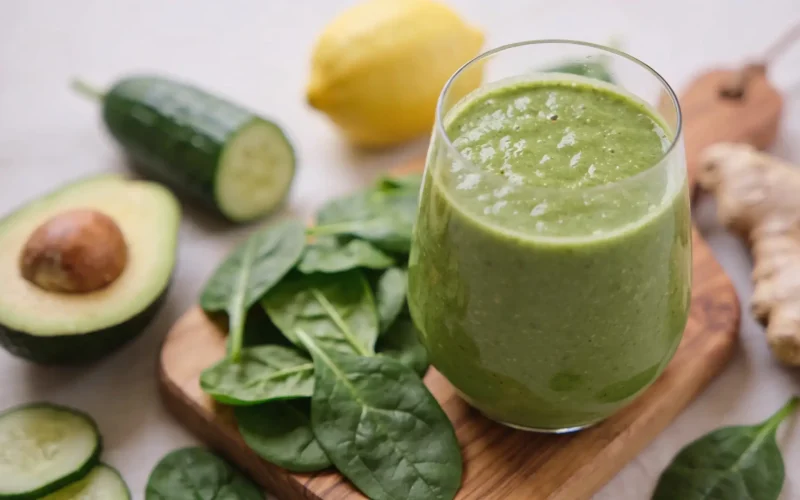 Verre de smoothie alcalin vert épais entouré de feuilles d'épinards, demi-avocat, concombre, citron et gingembre frais sur planche en bois, recette de smoothie alcalin maison