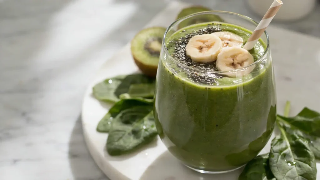 Petit-déjeuner Alcalin : 5 Idées de Recettes simples et Aliments clés 3 Verre de smoothie vert alcalin pour petit déjeuner garni de tranches de banane et graines de chia, entouré de feuilles d'épinards et d'un demi-kiwi sur plateau en marbre blanc