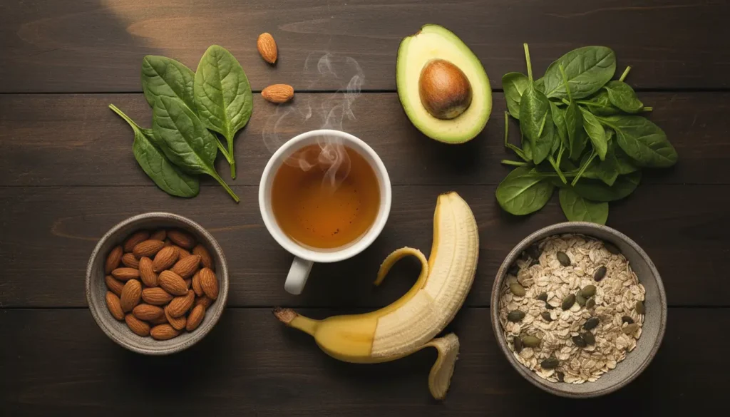 Assortiment d'aliments alcalins liés au sommeil : avocat, banane, légumes verts