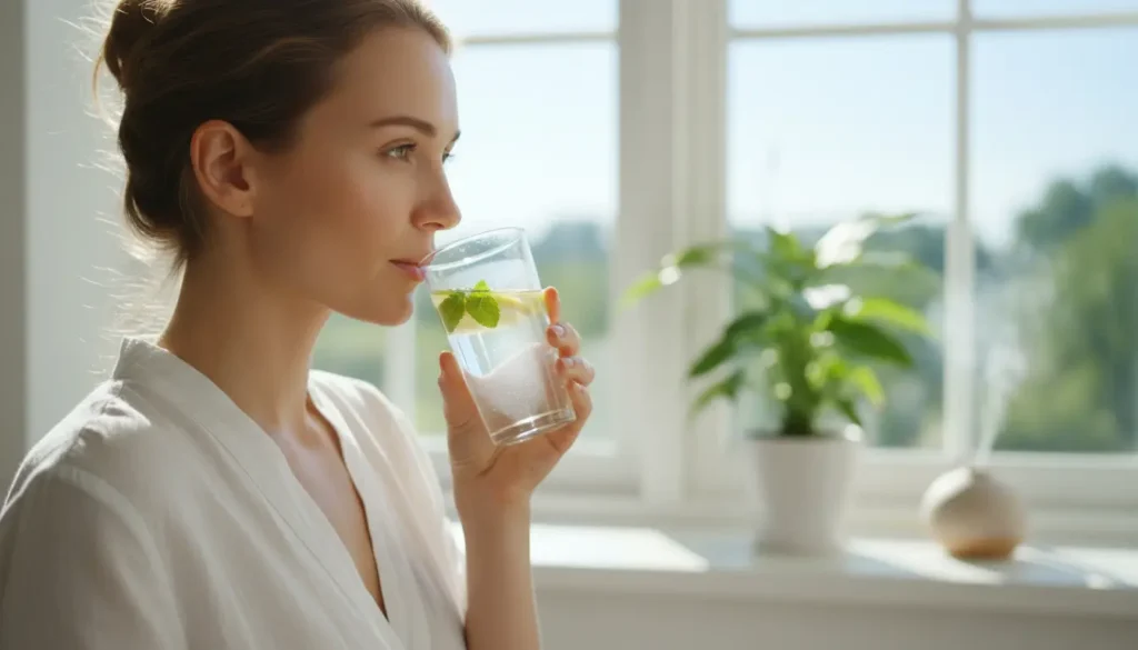 Femme buvant un verre d'eau, alimentation alcaline et peau